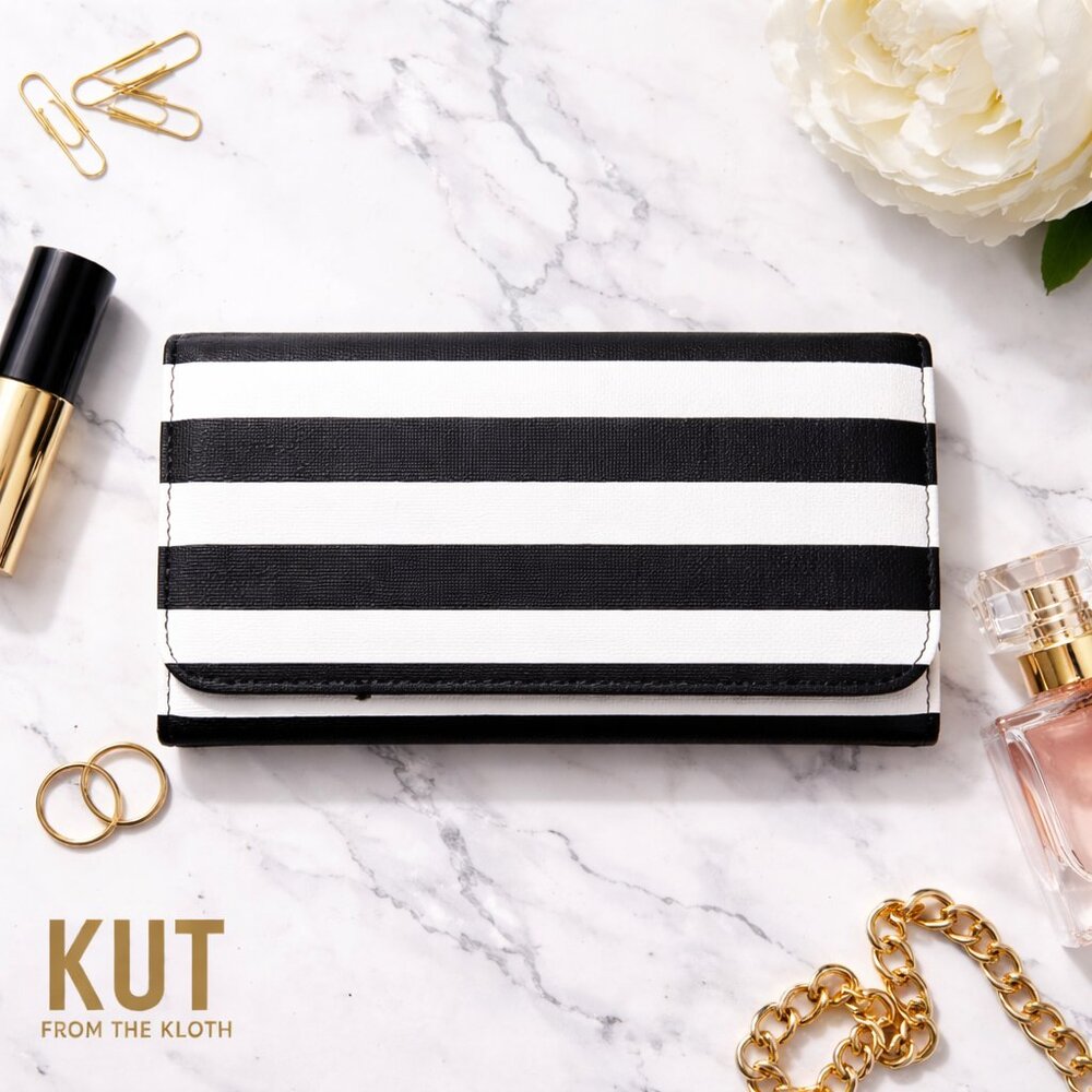 Kut From the Kloth Black & White Striped Wallet | Snap Closure | Slim